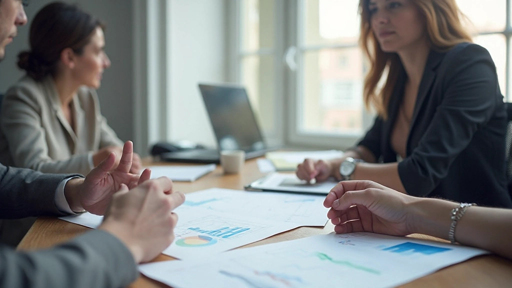 Consultor financeiro apresentando portfólio de investimento com gráficos e documentos a cliente em reunião profissional