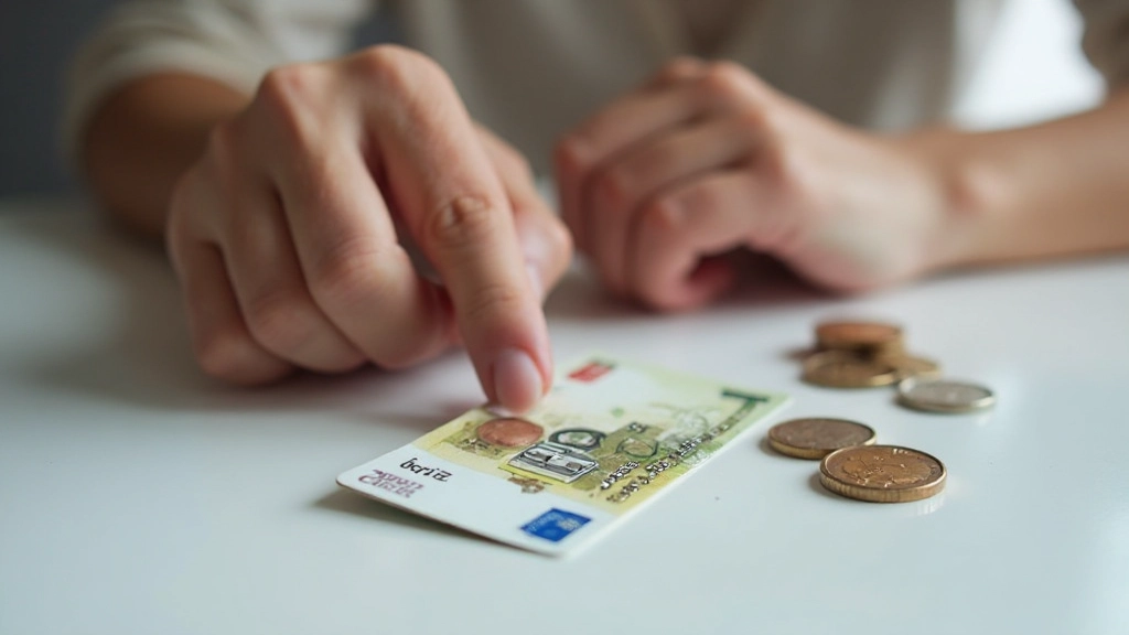 Cartão de crédito, débito e moedas de euros espalhados numa mesa