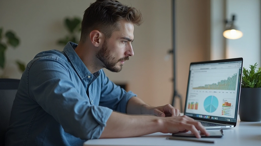 Homem revisando relatório de despesas mensais em computador portátil com gráficos financeiros
