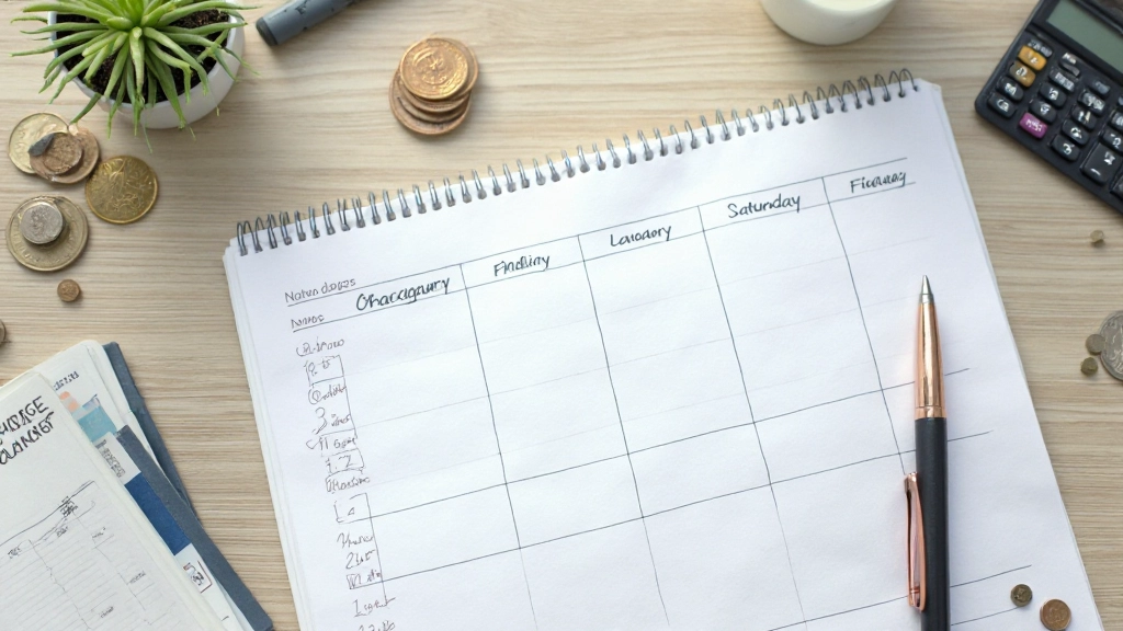 Caderno com planeamento de orçamento mensal e calculadora