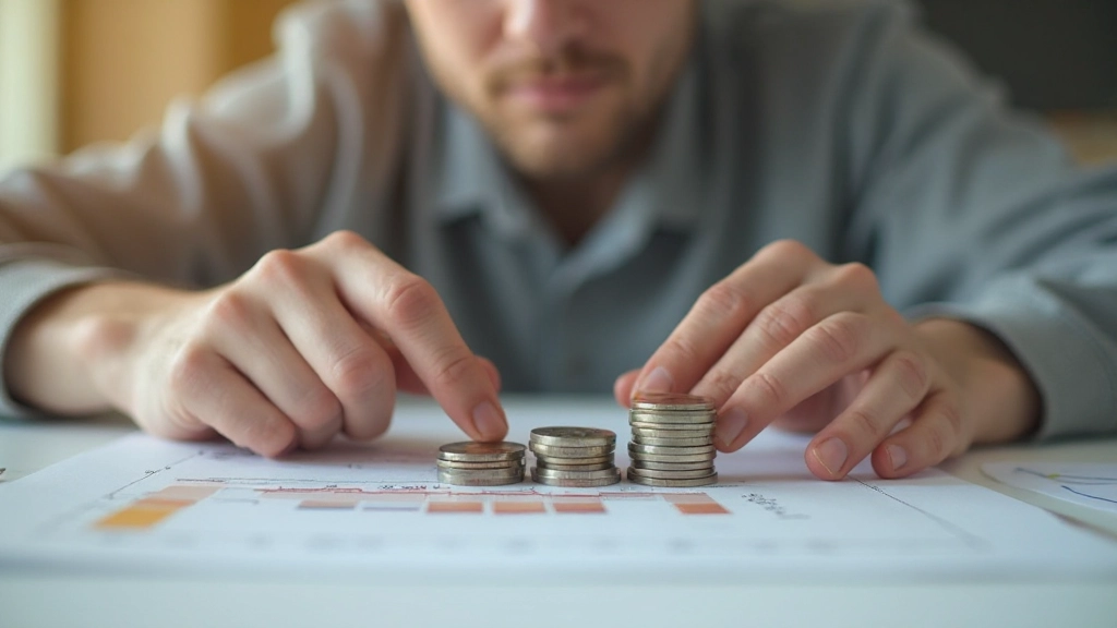 Mão escrevendo metas financeiras mensais e categorias de despesas num caderno de planeamento