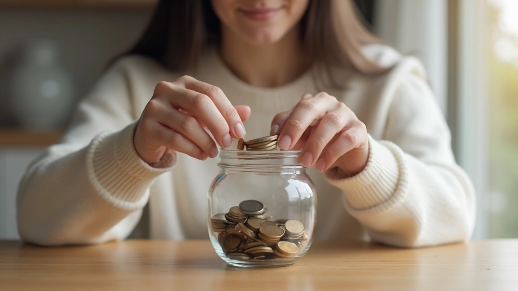 Mulher colocando moedas em frasco de poupança de vidro