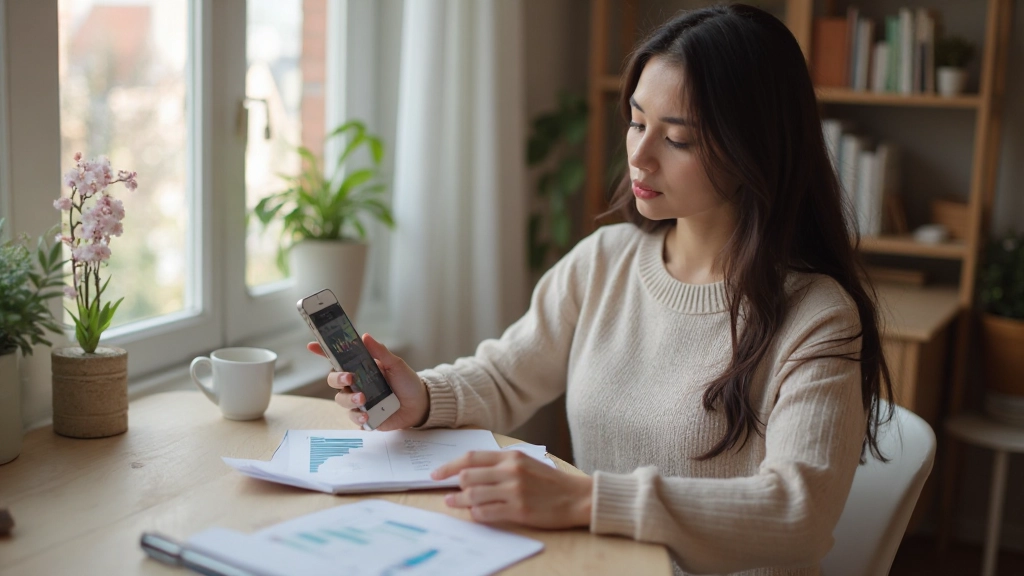 Mulher usando aplicação de controlo de despesas no smartphone com gráficos de gastos