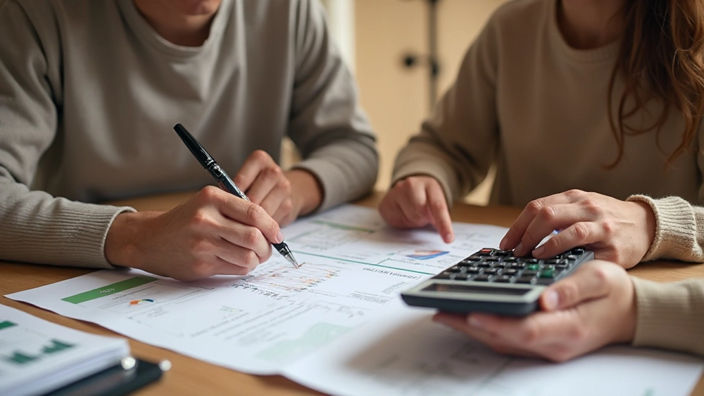 Jovem casal analisando despesas e receitas mensais em casa