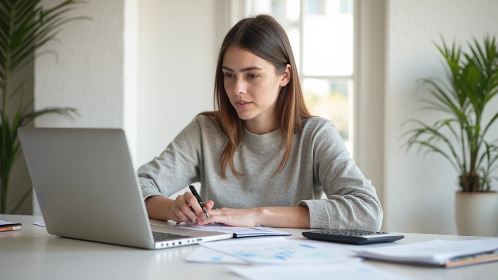 Pessoa jovem organizando finanças pessoais com calculadora e caderno de anotações